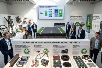 Exhibition booth displaying automotive material transformation with recycled components, vehicle parts