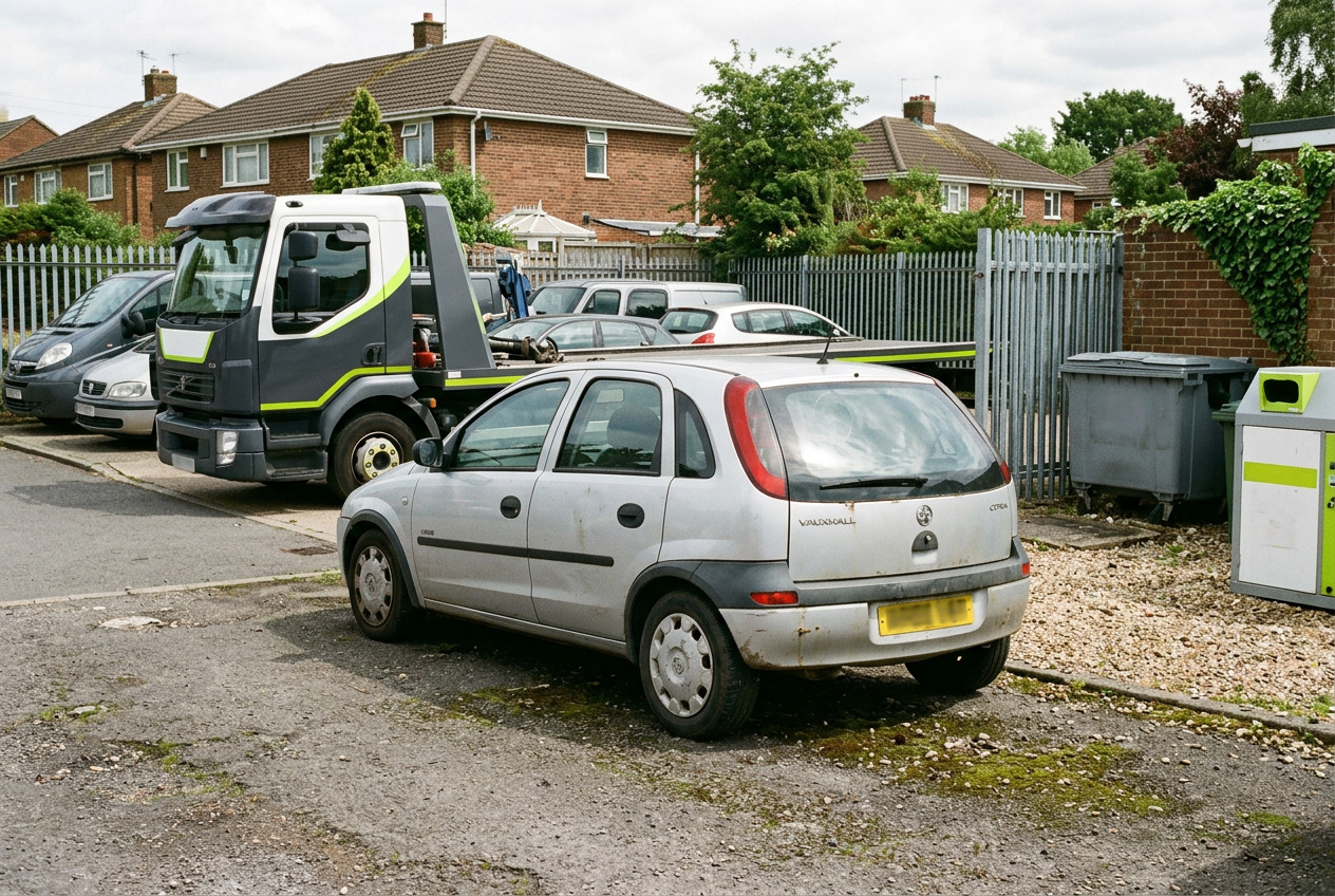 UK residential driveway beside a professional vehicle collection setting, an older silver Vauxhall Corsa positioned for scrap collection. Clean realistic daylight, subtle recycling context and no people
