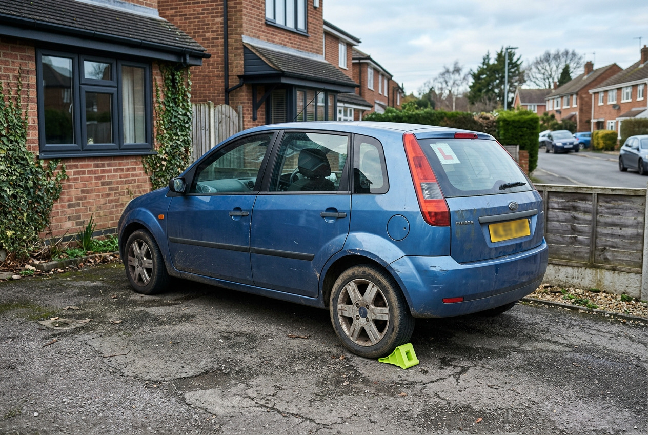 Empty residential street, scuffed learner hatchback, lime wheel chock, no L-plate text readable.