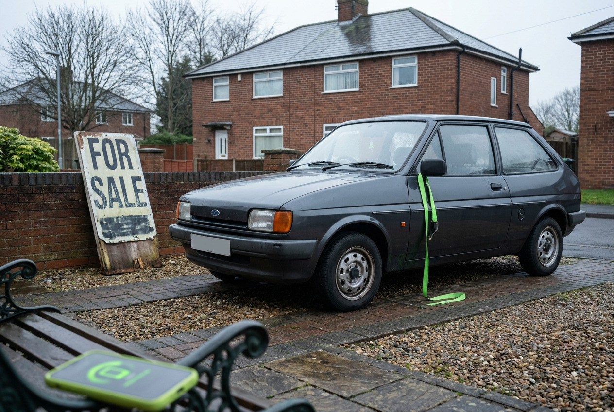 Empty UK driveway, tired first hatchback facing a for-sale board with unreadable marks, lime strap on the wing mirror.